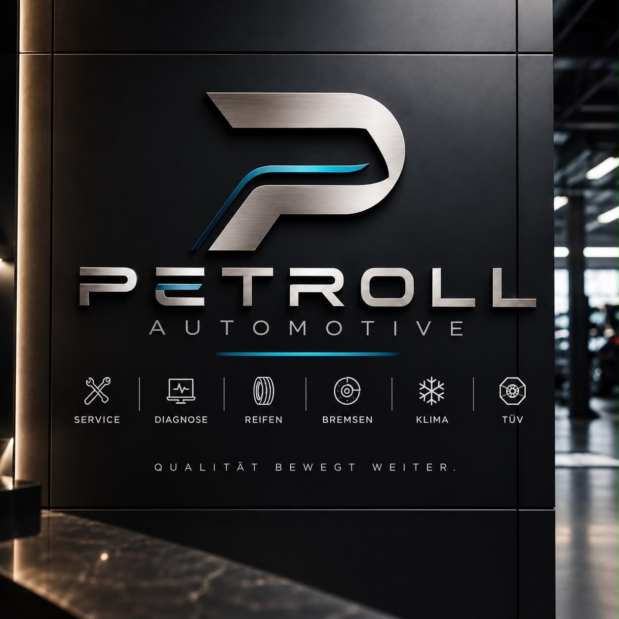 Werkstattschild von Petroll Automotive: Wordmark aus gebürstetem Stahl auf mattschwarzer Wand, darunter die sechs Leistungen Service, Diagnose, Reifen, Bremsen, Klima und TÜV.
